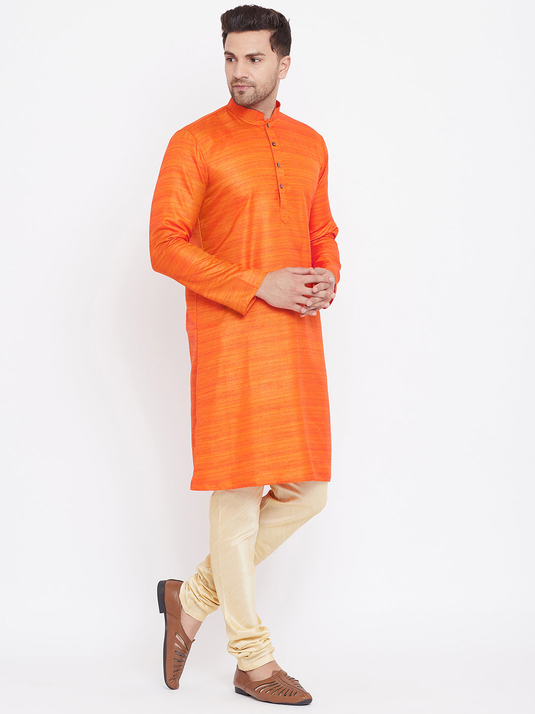 Sarvati Men's Orange And Gold Silk Blend Kurta Pyjama Set