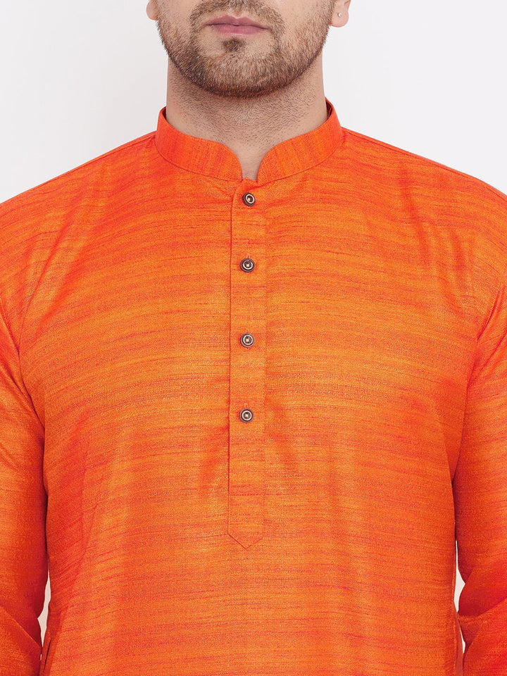 Sarvati Men's Orange And Gold Silk Blend Kurta Pyjama Set