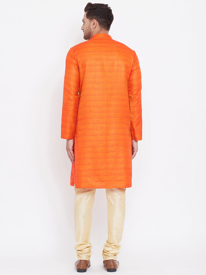 Sarvati Men's Orange And Gold Silk Blend Kurta Pyjama Set