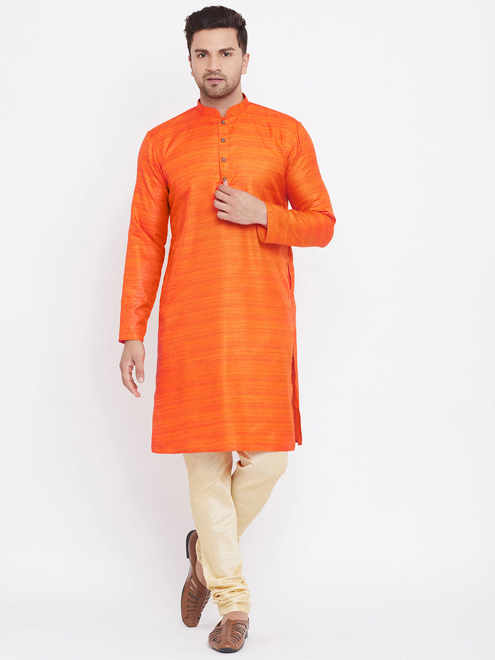 Sarvati Men's Orange And Gold Silk Blend Kurta Pyjama Set