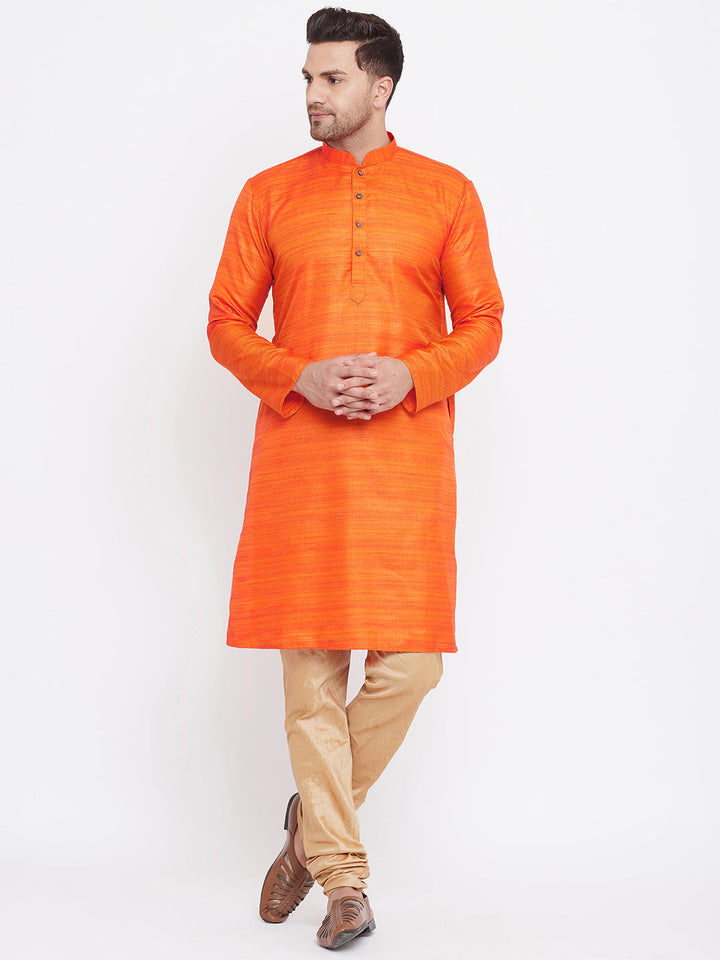 Sarvati Men's Orange And Rose Gold Silk Blend Kurta Pyjama Set