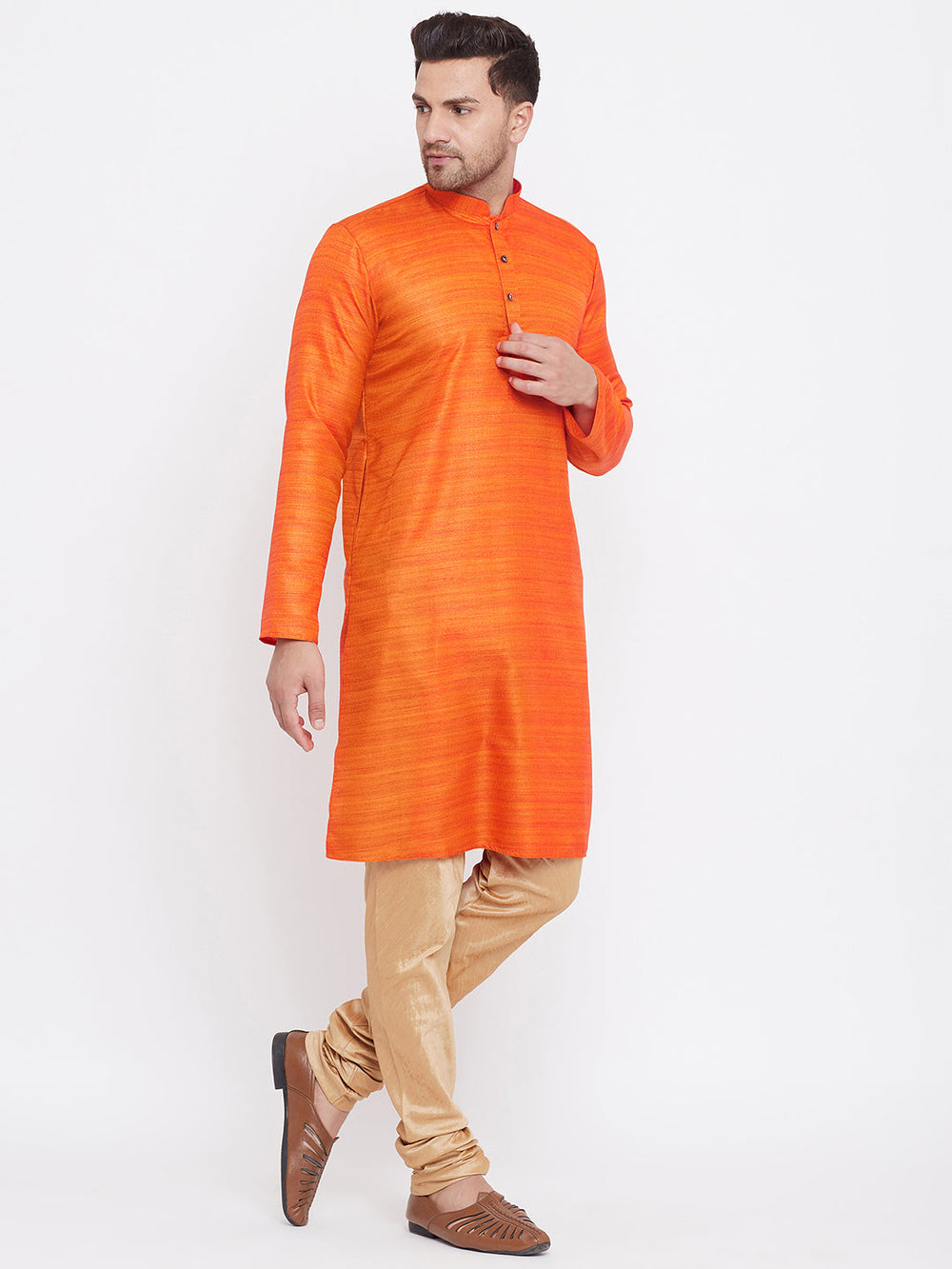 Sarvati Men's Orange And Rose Gold Silk Blend Kurta Pyjama Set