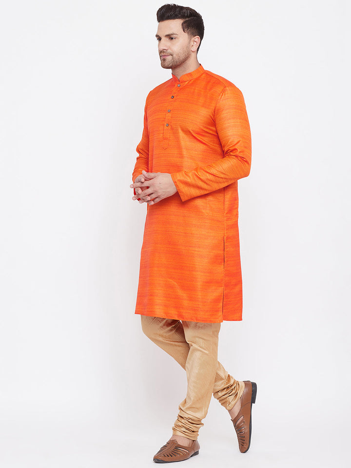 Sarvati Men's Orange And Rose Gold Silk Blend Kurta Pyjama Set