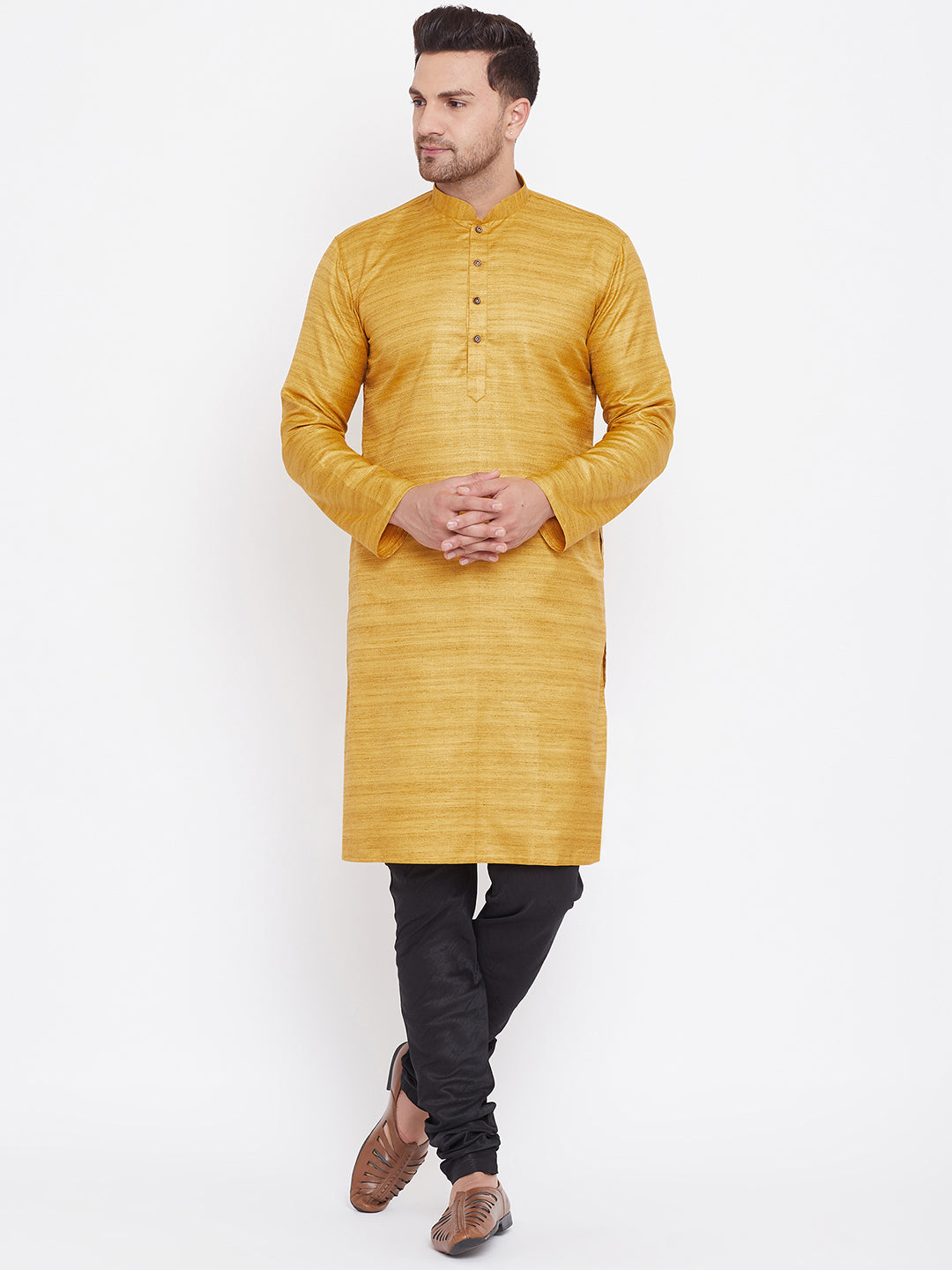 Sarvati Men's Mustard And Black Silk Blend Kurta Pyjama Set