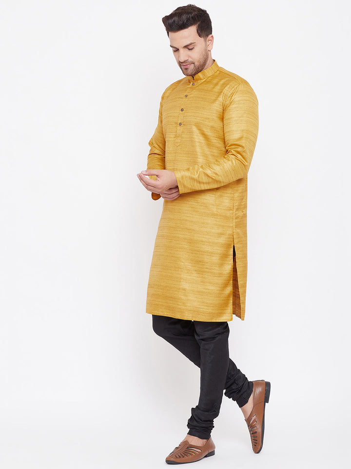 Sarvati Men's Mustard And Black Silk Blend Kurta Pyjama Set