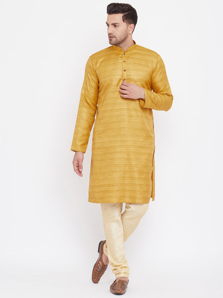 Sarvati Men's Yellow And Gold Silk Blend Kurta Pyjama Set