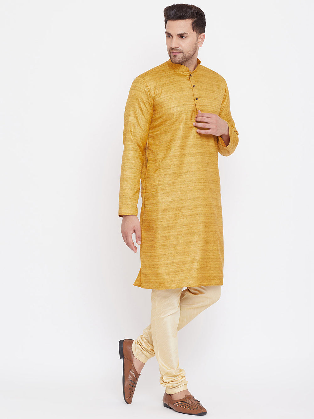 Sarvati Men's Yellow And Gold Silk Blend Kurta Pyjama Set