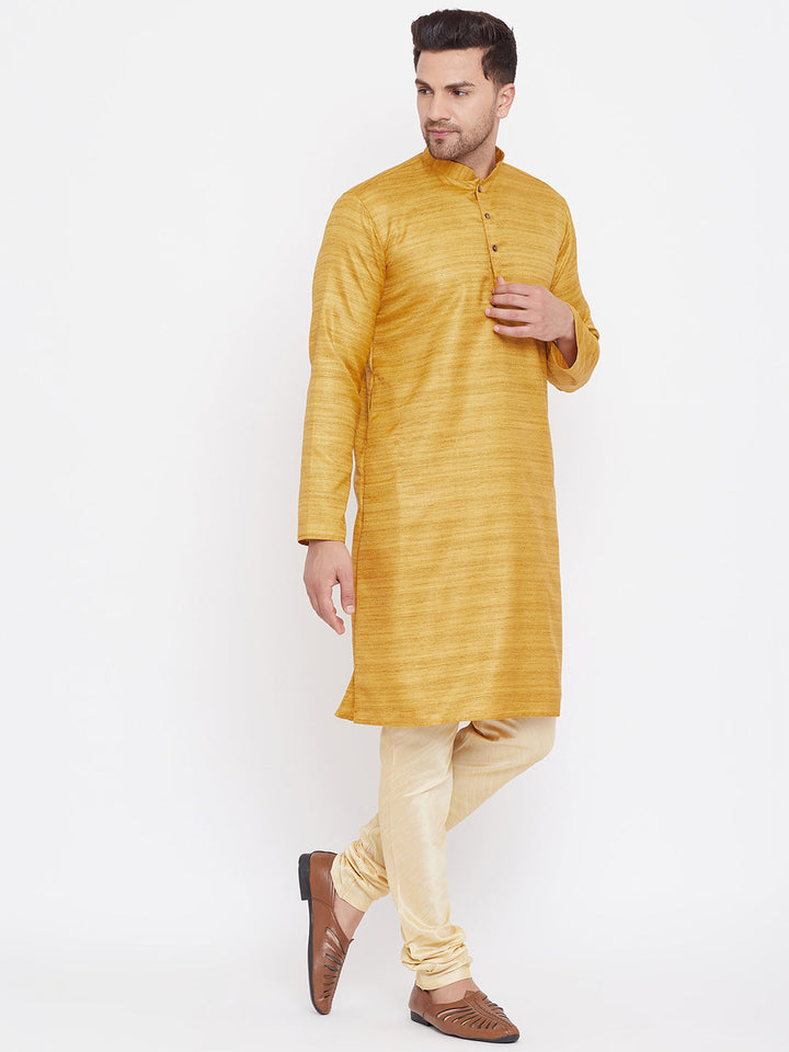 Sarvati Men's Yellow And Gold Silk Blend Kurta Pyjama Set