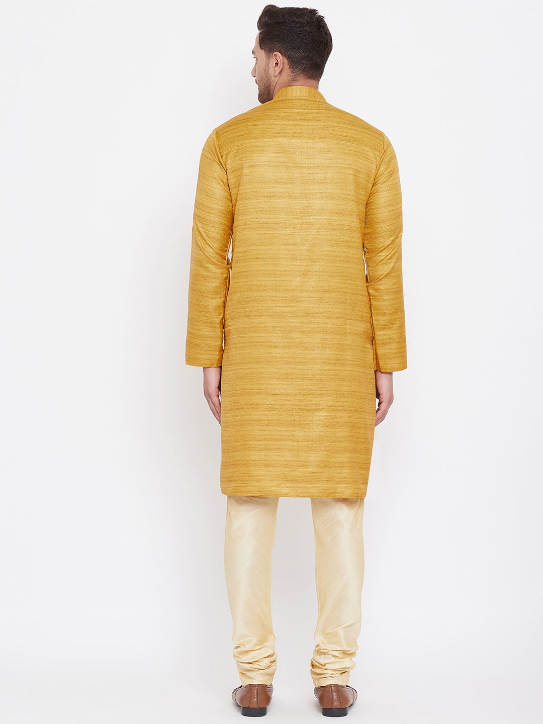 Sarvati Men's Yellow And Gold Silk Blend Kurta Pyjama Set