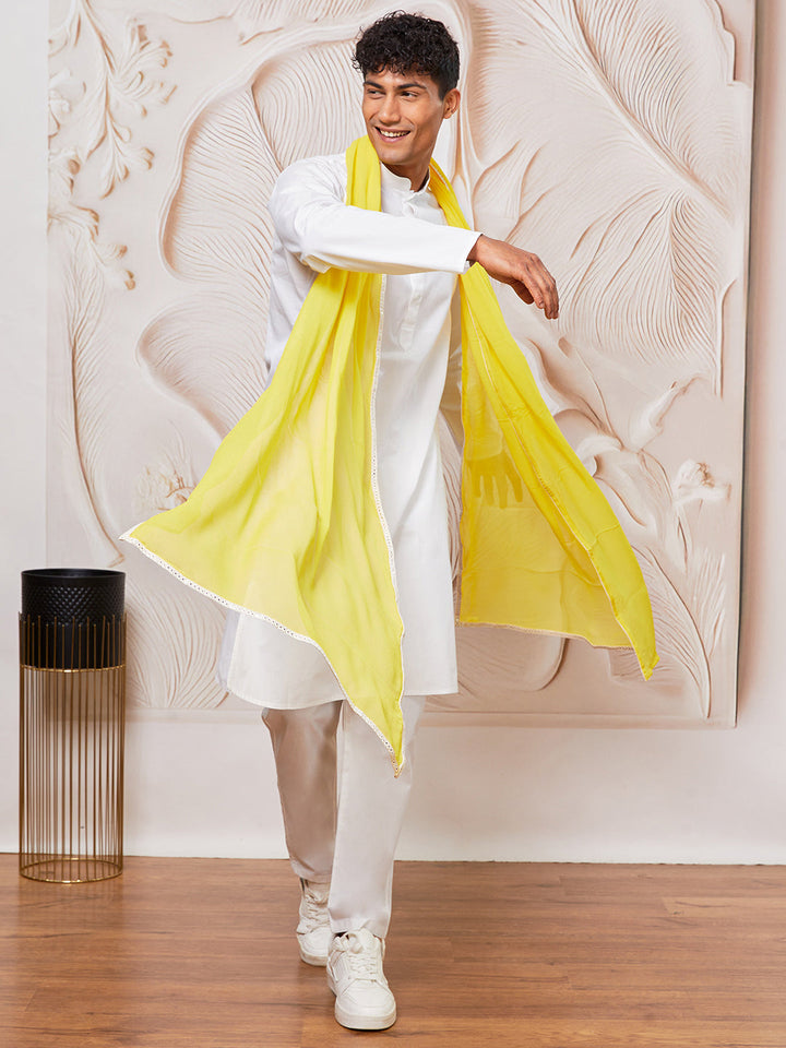 Men's White Cotton  Kurta,Pyjama And Dupatta Set