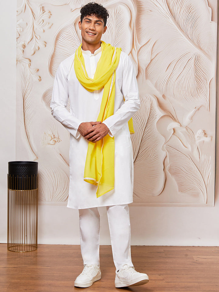 Men's White Cotton  Kurta,Pyjama And Dupatta Set