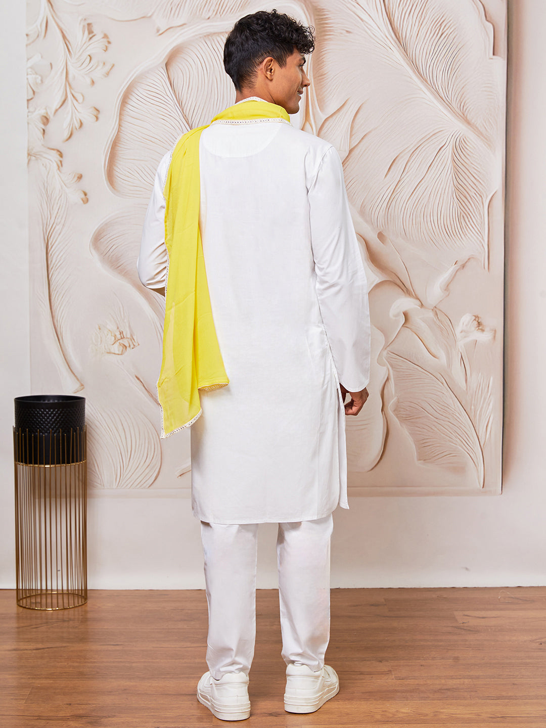 Men's White Cotton  Kurta,Pyjama And Dupatta Set