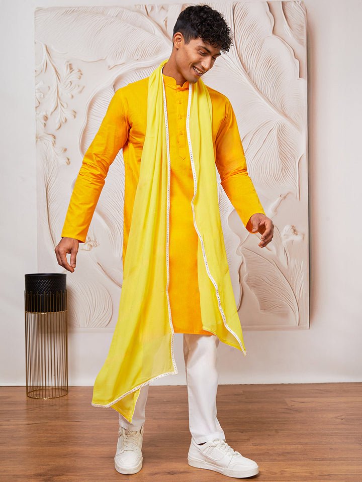 Men's Yellow Cotton  Kurta,Pyjama And Dupatta Set