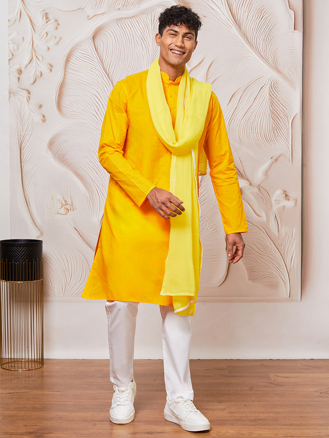 Men's Yellow Cotton  Kurta,Pyjama And Dupatta Set
