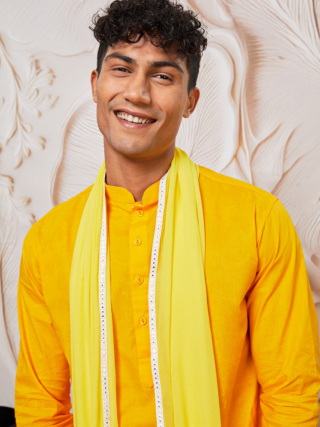 Men's Yellow Cotton  Kurta,Pyjama And Dupatta Set
