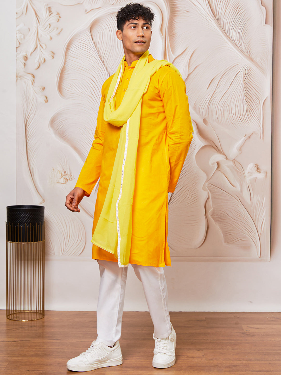 Men's Yellow Cotton  Kurta,Pyjama And Dupatta Set