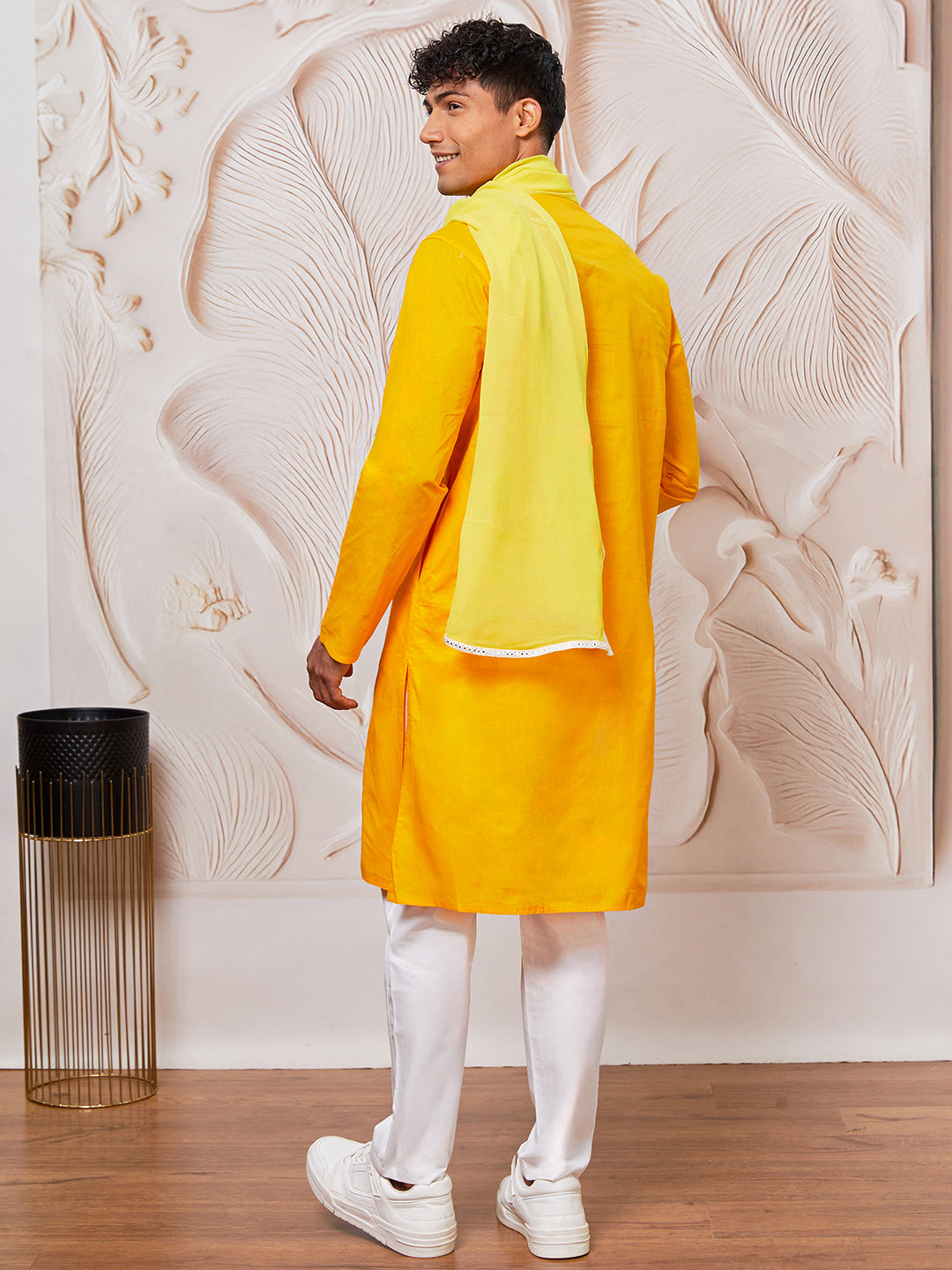 Men's Yellow Cotton  Kurta,Pyjama And Dupatta Set