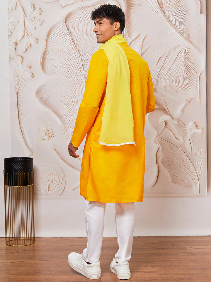 Men's Yellow Cotton  Kurta,Pyjama And Dupatta Set