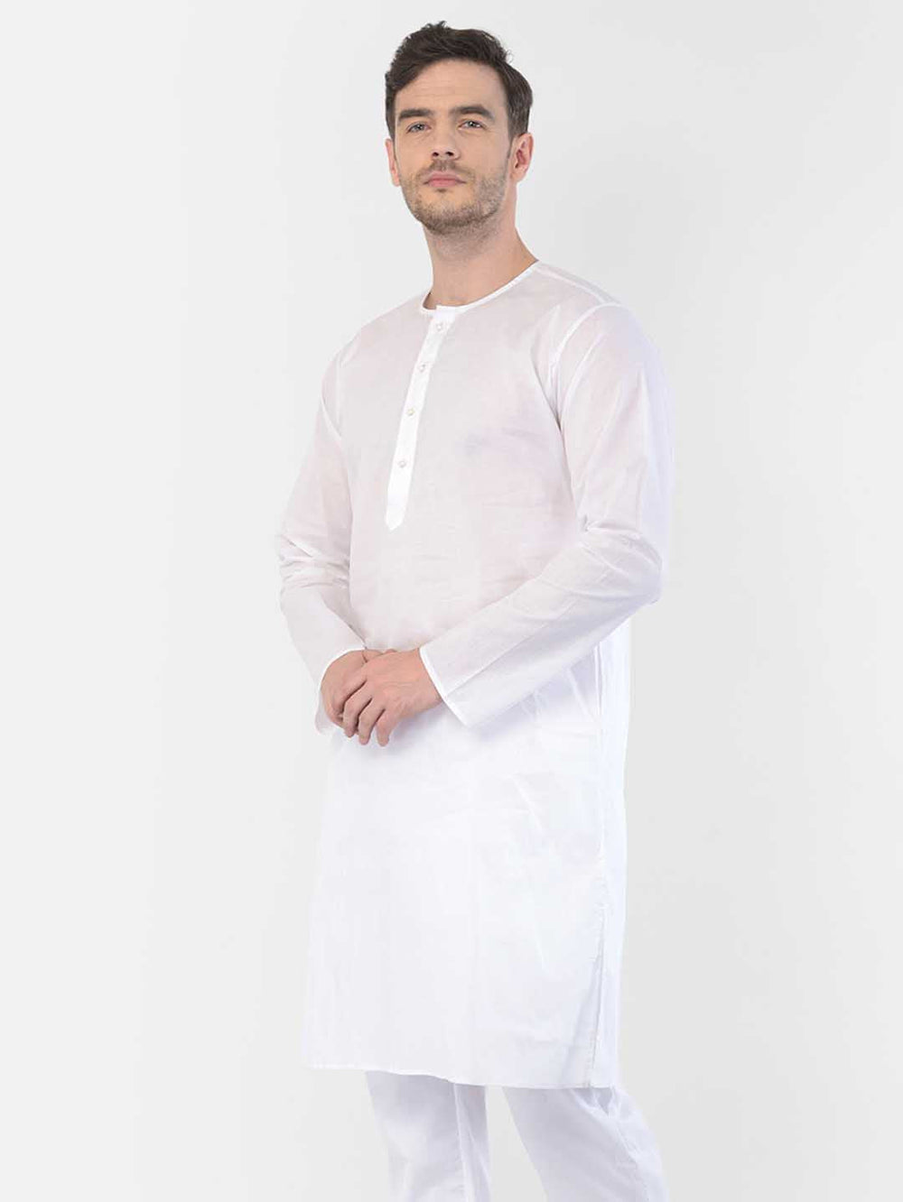 Addi Man White Cotton Round Neck Straight Kurta for Men | Knee Length – Sarvati