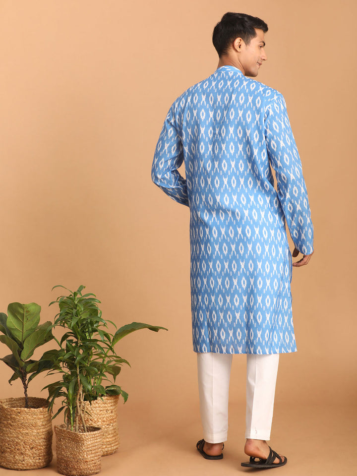 Sarvati Men's Aqua Blue Ikkat Print Cotton Kurta With Pant set