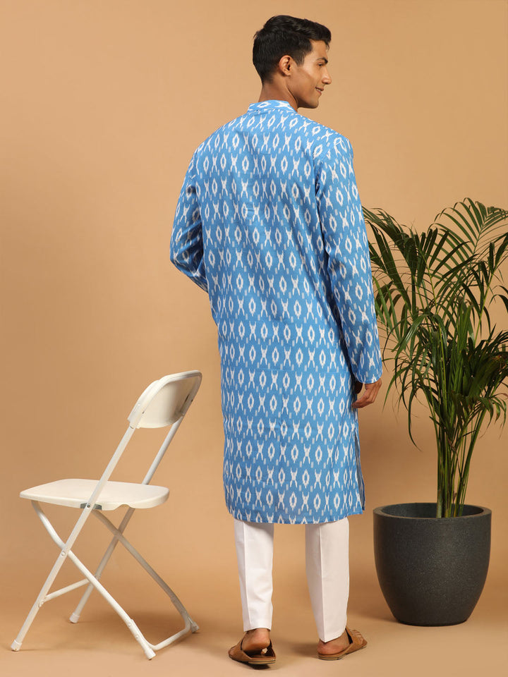 Sarvati Men's Aqua Blue Ikkat Print Cotton Kurta With Pant set