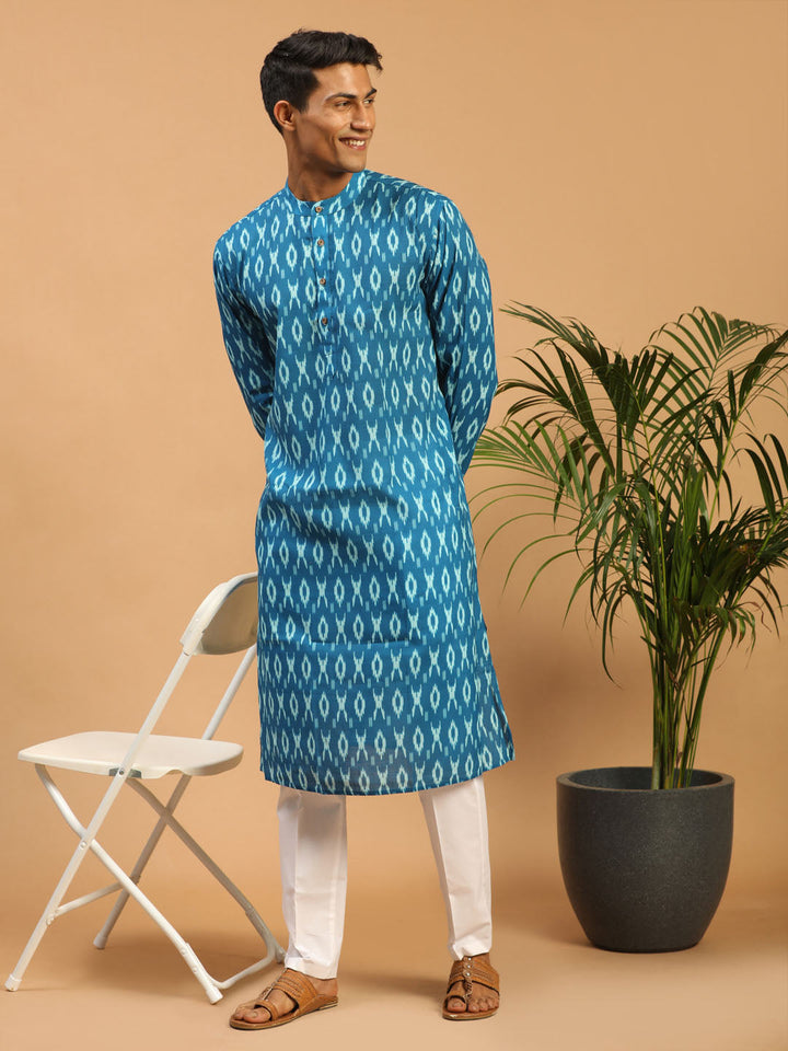 Sarvati Men's Turquoise Blue Ikkat Print Cotton Kurta With Pant set