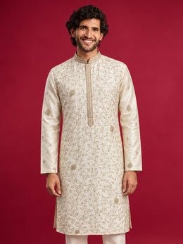Cream White Silk Blend Kurta with Thread Motif Detailing