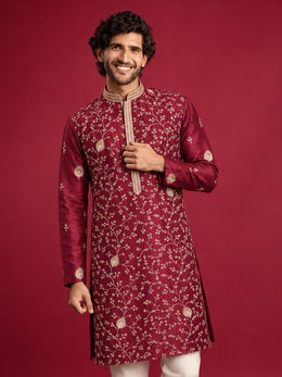 Maroon Red Silk Blend Kurta with Thread Motif Detailing