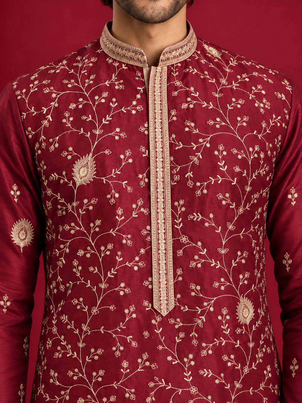 Men's Maroon Silk Blend Embroidered Knee-Length Kurta