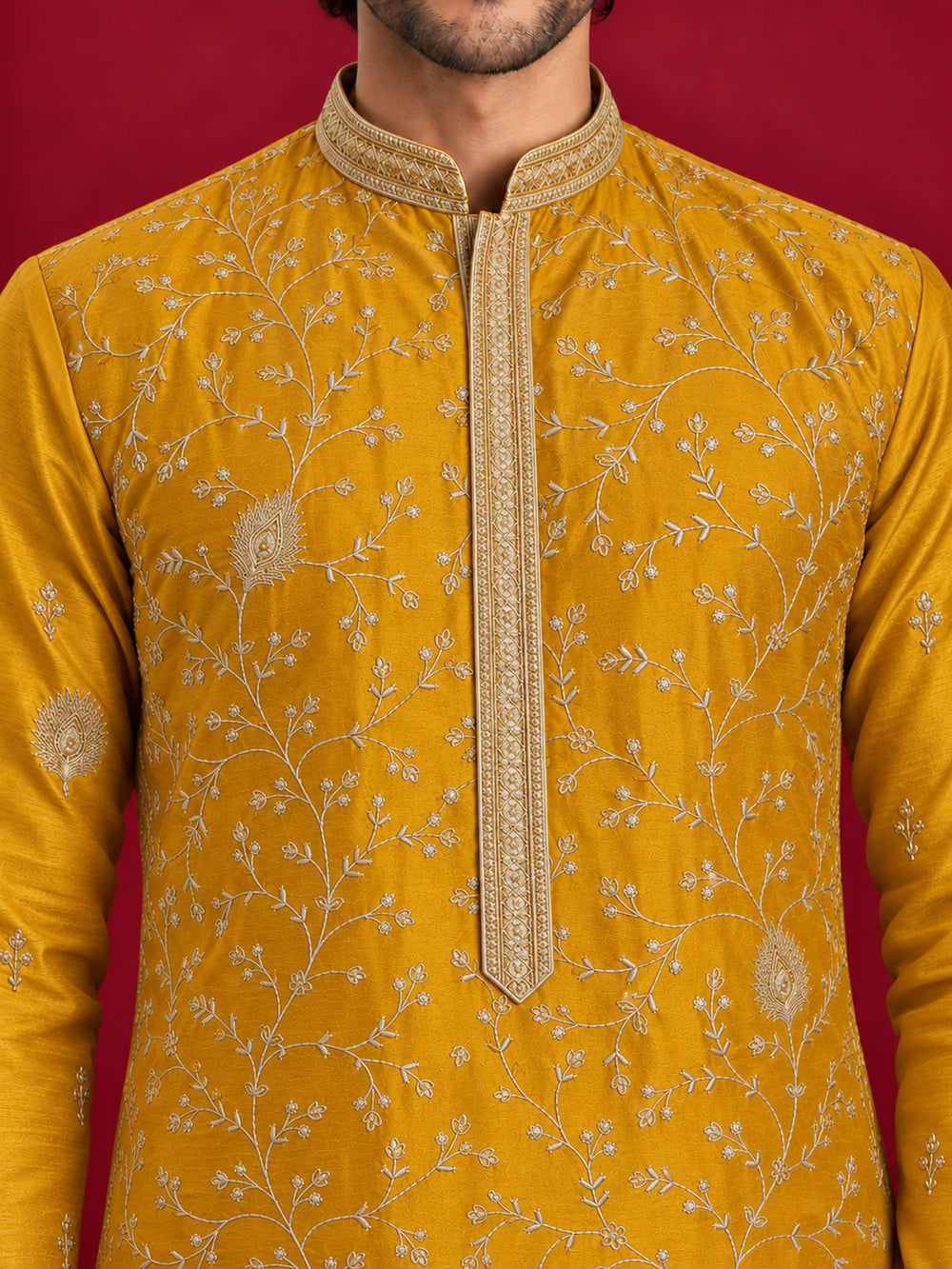 Men's Mustard Silk Blend Embroidered Knee-Length Kurta