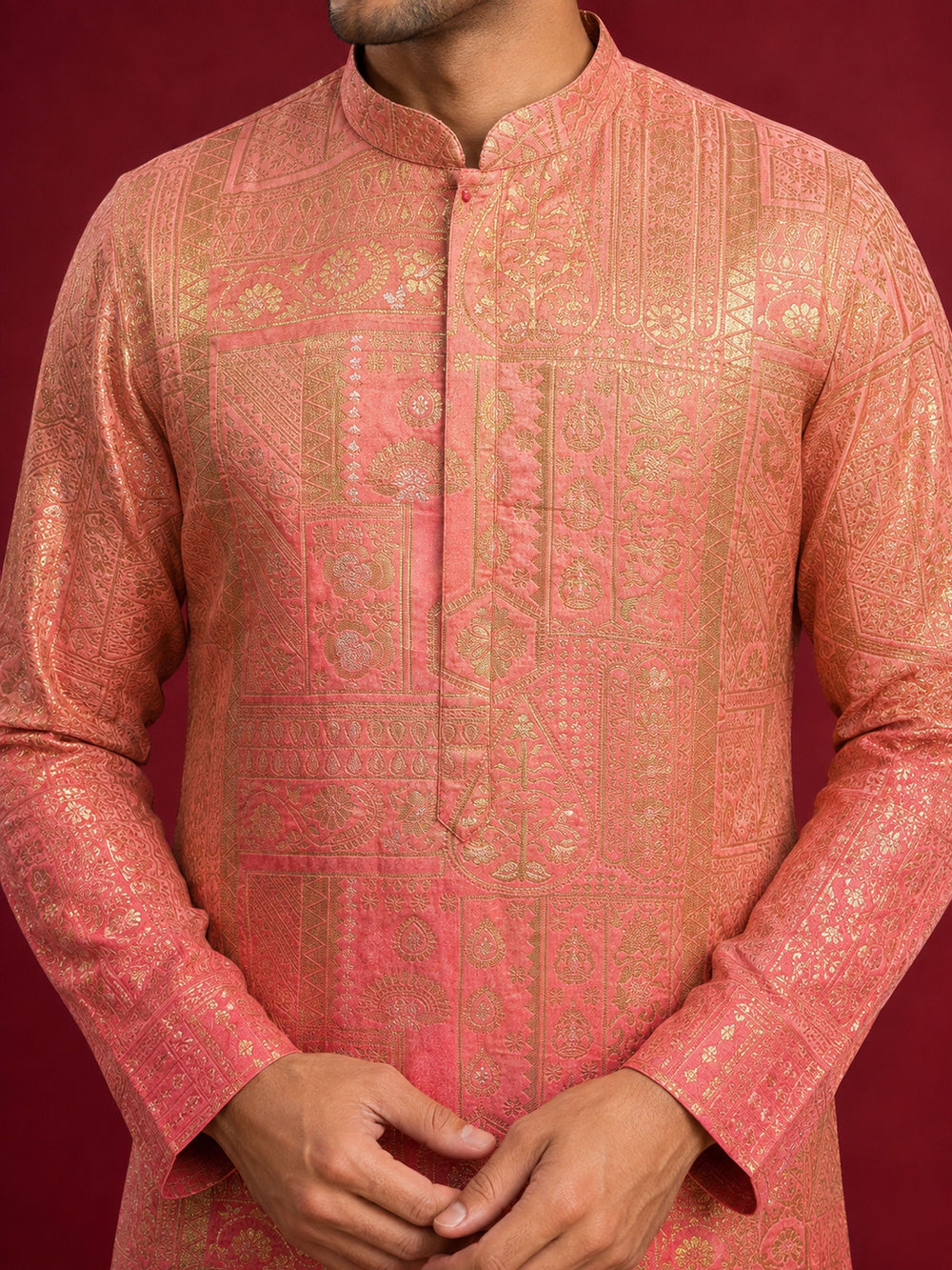 Men's Peach Silk Blend Ombre Knee-Length Kurta