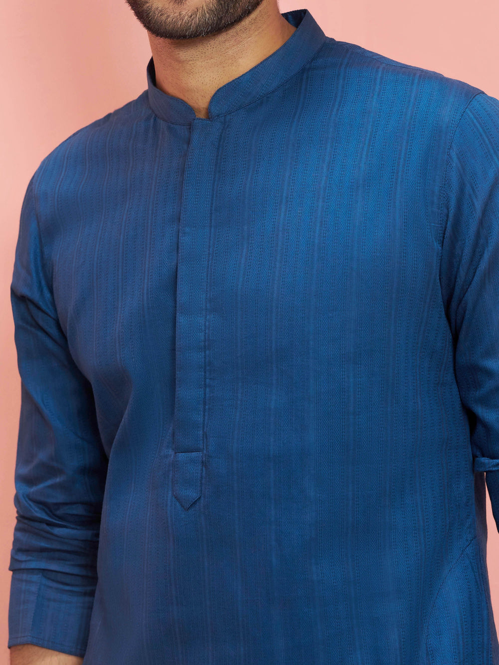 Men's Blue Cotton Self-Design Knee-Length Kurta