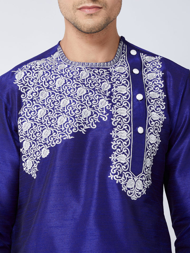 Sarvati Men's Blue And White Silk Blend Kurta and Dhoti Set