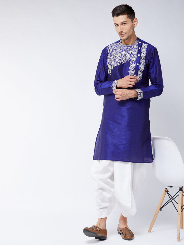 Sarvati Men's Blue And White Silk Blend Kurta and Dhoti Set