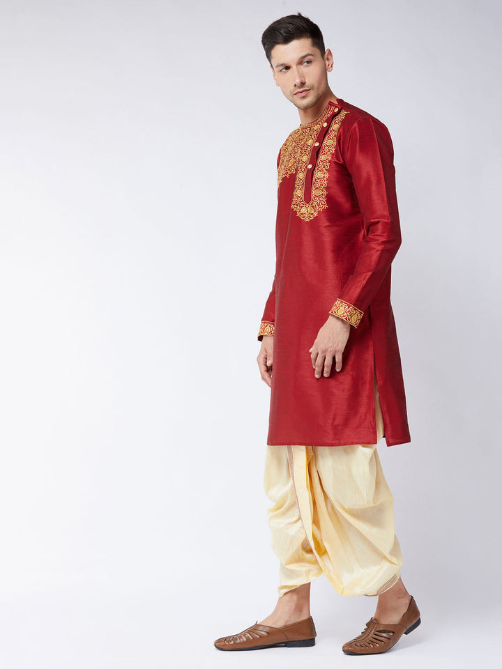 Sarvati Men's Maroon And Gold Silk Blend Kurta and Dhoti Set