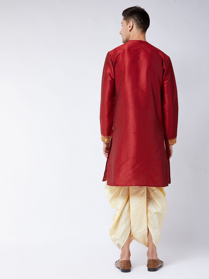 Sarvati Men's Maroon And Gold Silk Blend Kurta and Dhoti Set