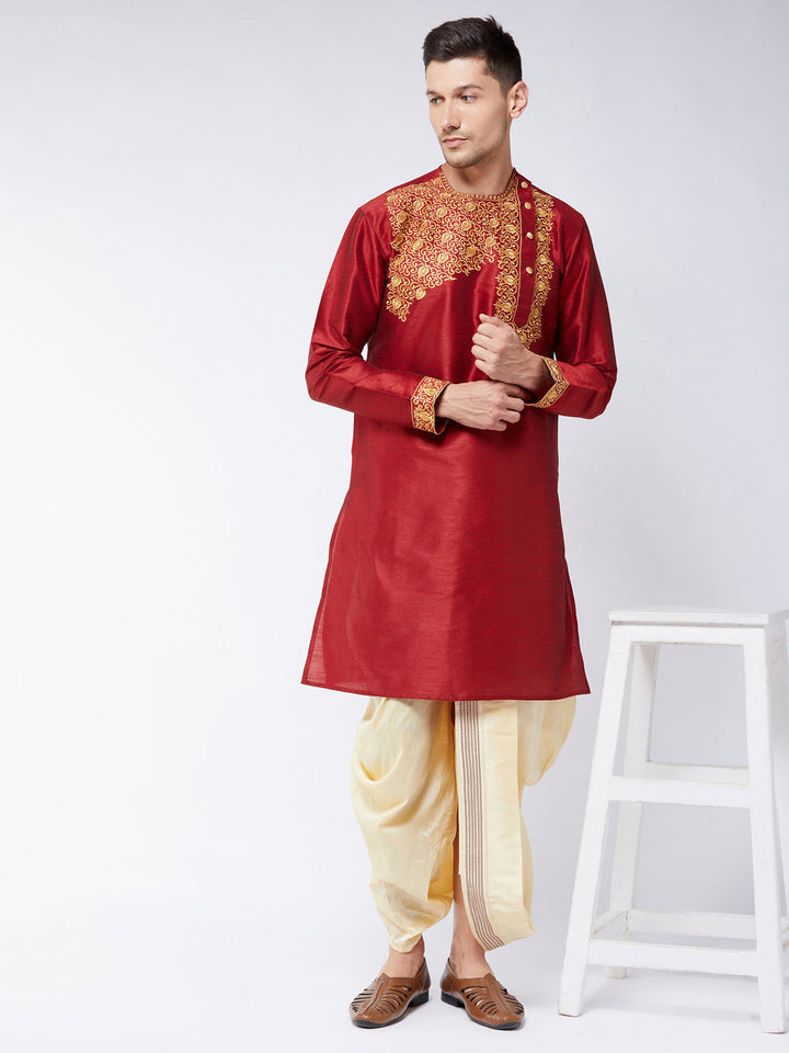 Sarvati Men's Maroon And Gold Silk Blend Kurta and Dhoti Set