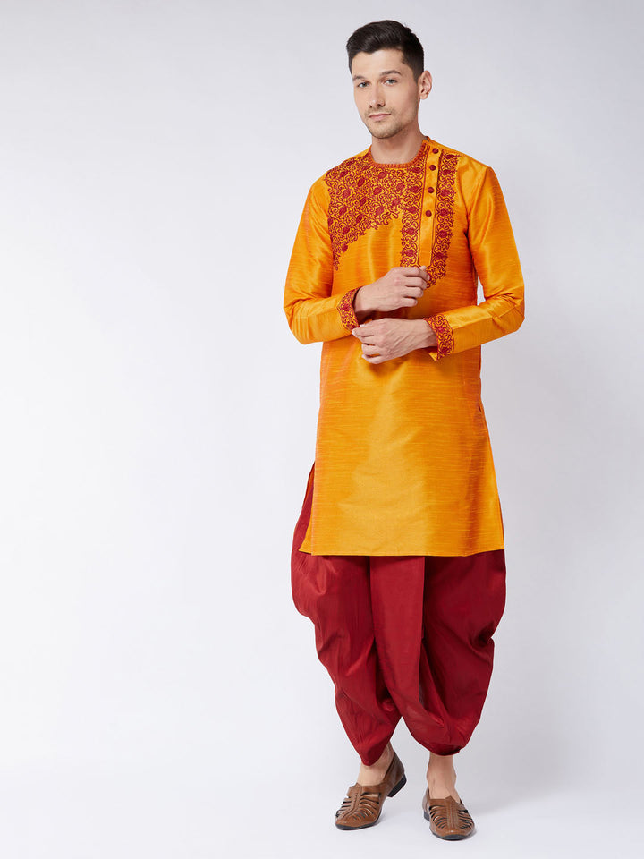 Sarvati Men's Orange And Maroon Silk Blend Kurta and Dhoti Set