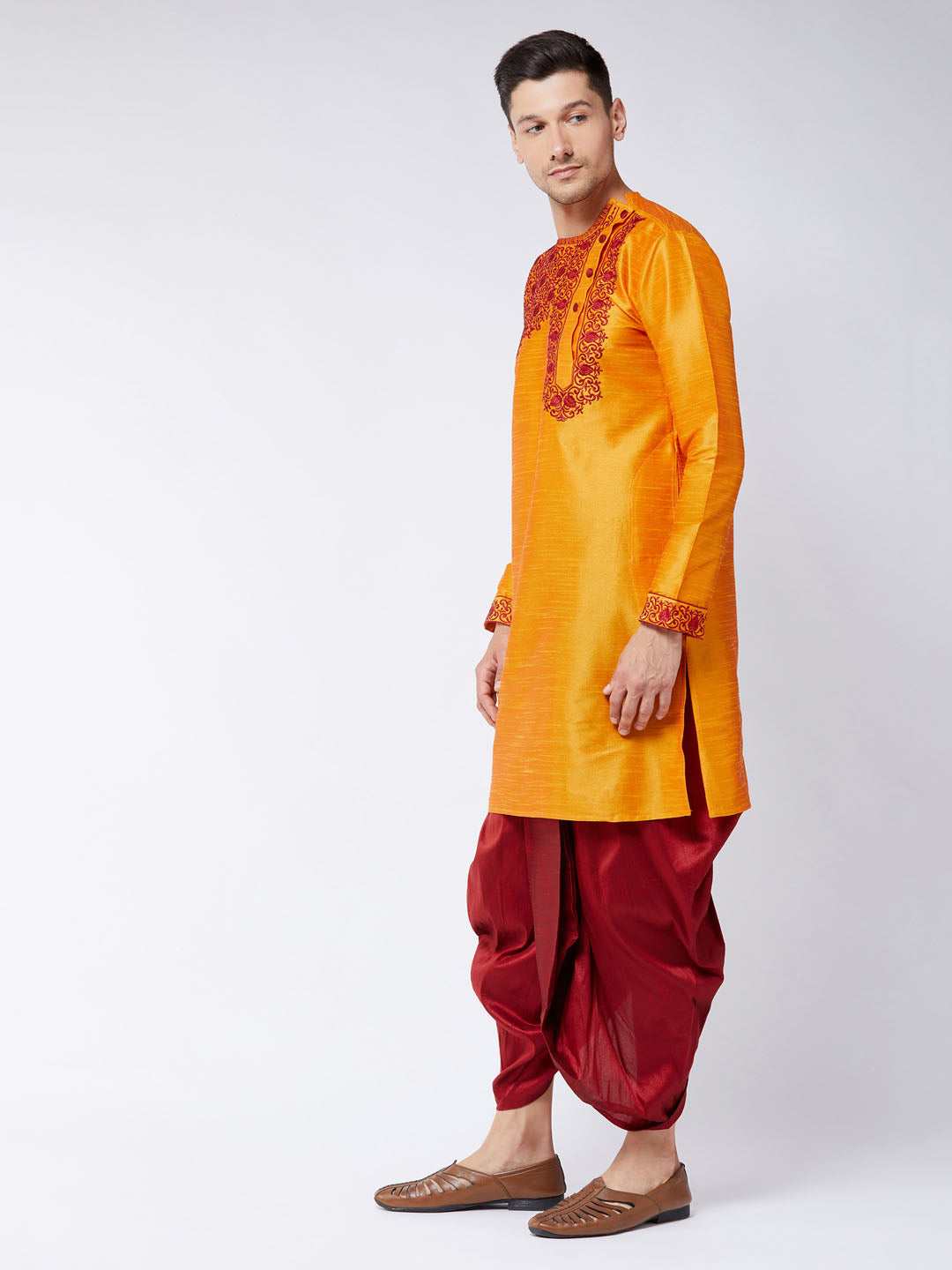 Sarvati Men's Orange And Maroon Silk Blend Kurta and Dhoti Set