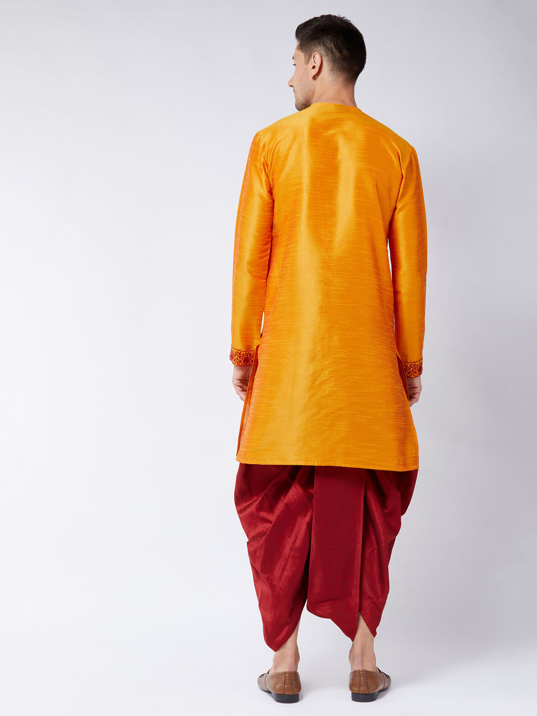 Sarvati Men's Orange And Maroon Silk Blend Kurta and Dhoti Set