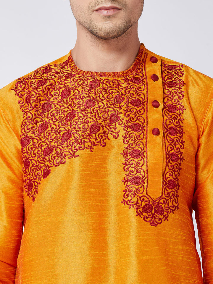 Sarvati Men's Orange And Maroon Silk Blend Kurta and Dhoti Set