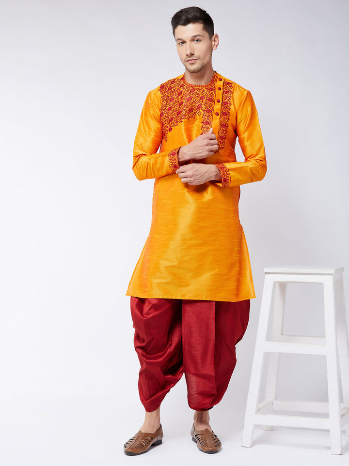 Sarvati Men's Orange And Maroon Silk Blend Kurta and Dhoti Set