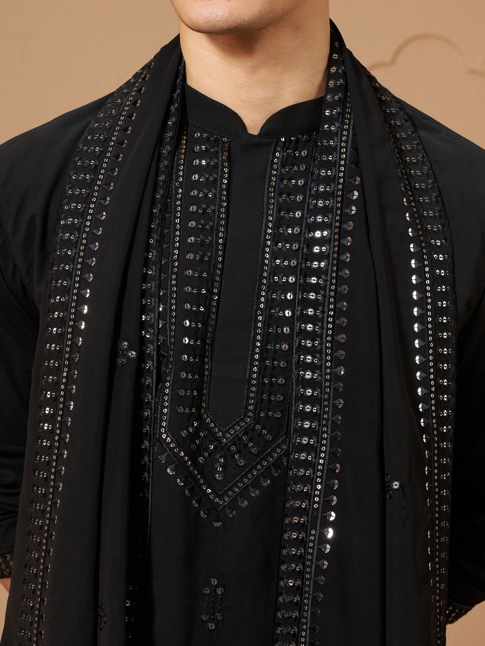 Men's Black Silk Embroidered Knee-Length Kurta Set with Trouser & Dupatta