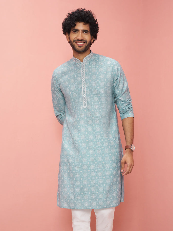 Light Blue Cotton Linen Kurta with Contemporary Print