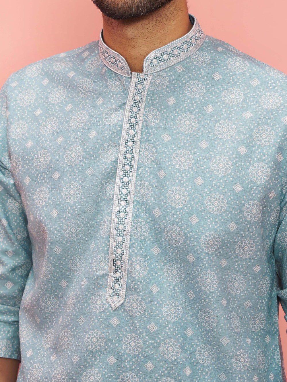 Men's Sage Cotton Linen Digital Print Knee-Length Kurta