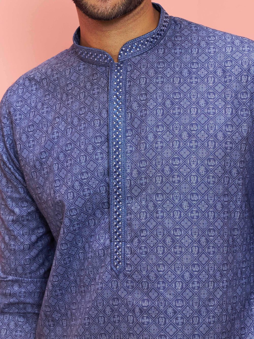 Men's Blue Cotton Linen Ethnic Motif Knee-Length Kurta
