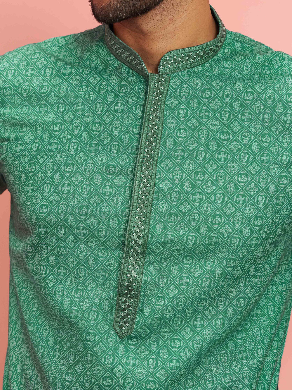 Men's Green Cotton Linen Embroidered Knee-Length Kurta