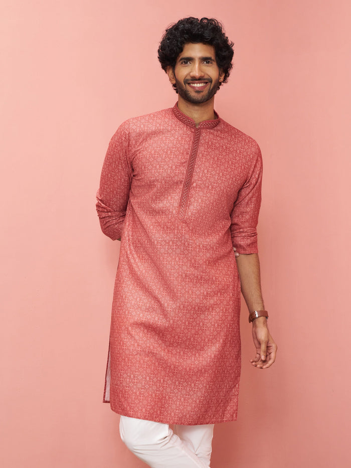 Persian Red Cotton Linen Kurta with Contemporary Print