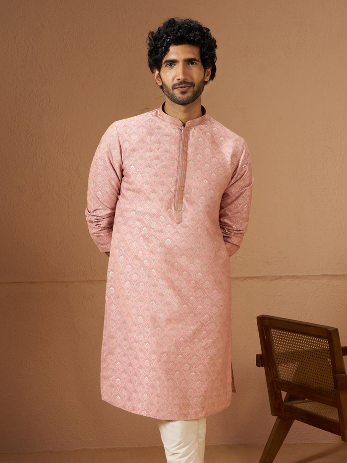 Light Pink Silk Blend Kurta with Woven Texture
