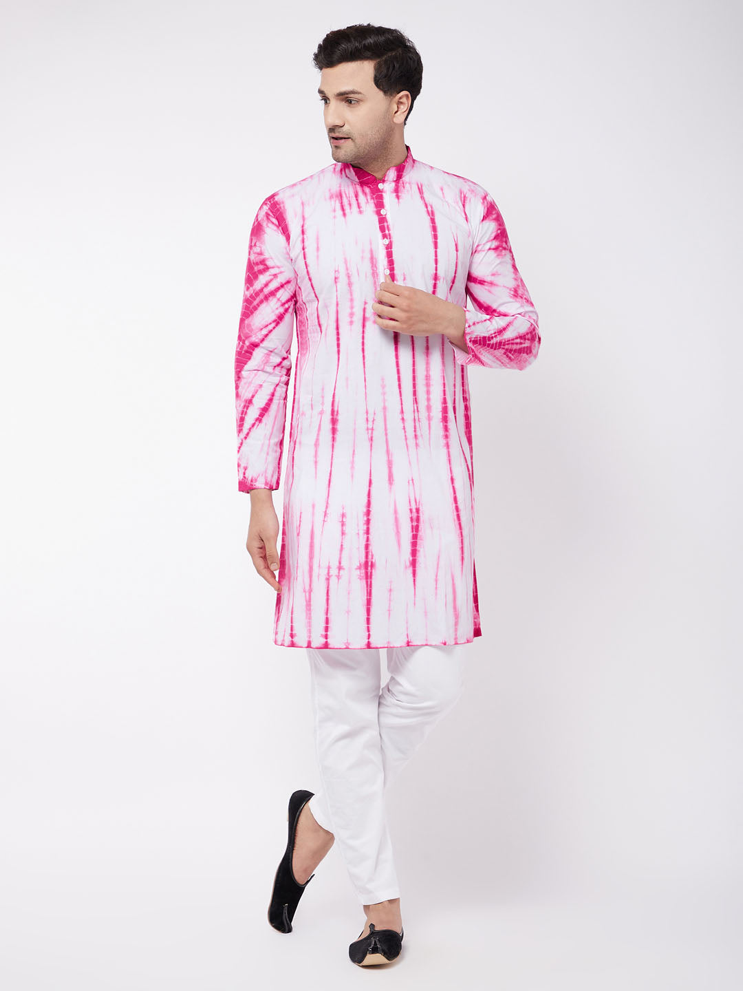 Sarvati Men's Pink And White Cotton Kurta Pyjama Set